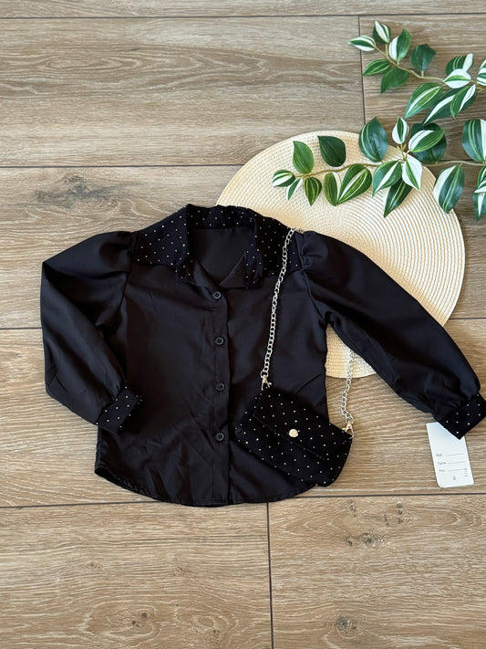 Zwarte blouse met stras en tasje